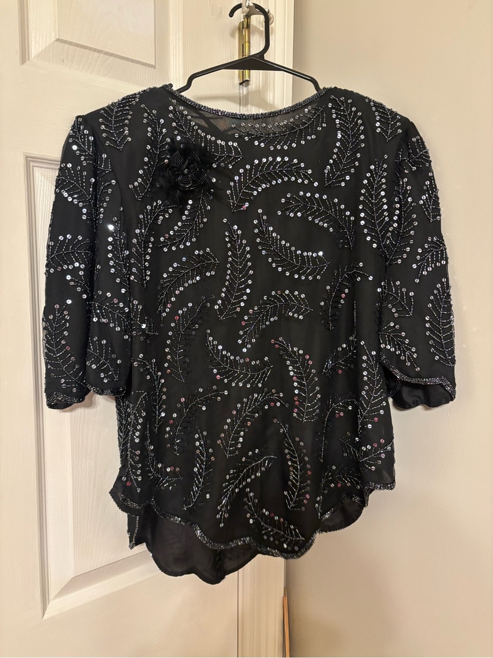 Vintage Women's Black Beaded Evening Blouse with Floral Accent Size L